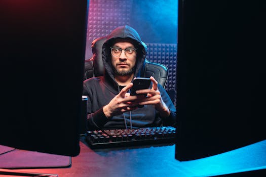 A man in a hoodie using a smartphone, surrounded by tech gear in a dimly lit room.