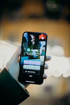 A person holding a smartphone displaying the Pexels app, highlighting the login screen.