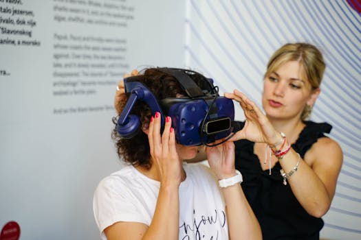 Two women exploring virtual reality indoors with a VR headset.