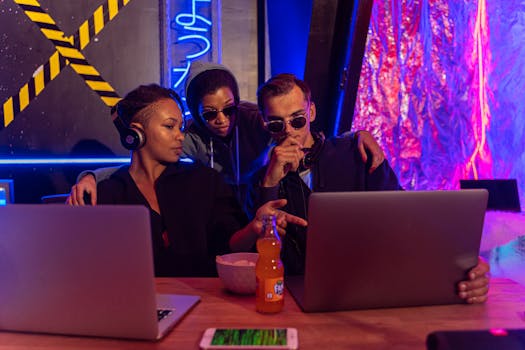 Three people collaborate on laptops in a cyber-themed workspace, discussing strategies.