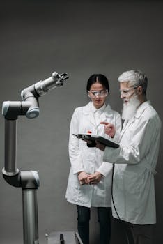 Two scientists discussing robotics research, highlighting technological innovation.